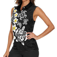 Hawaiian Plumeria Turtles Women Sleeveless Polo Shirt Polynesian Art Tattoo
