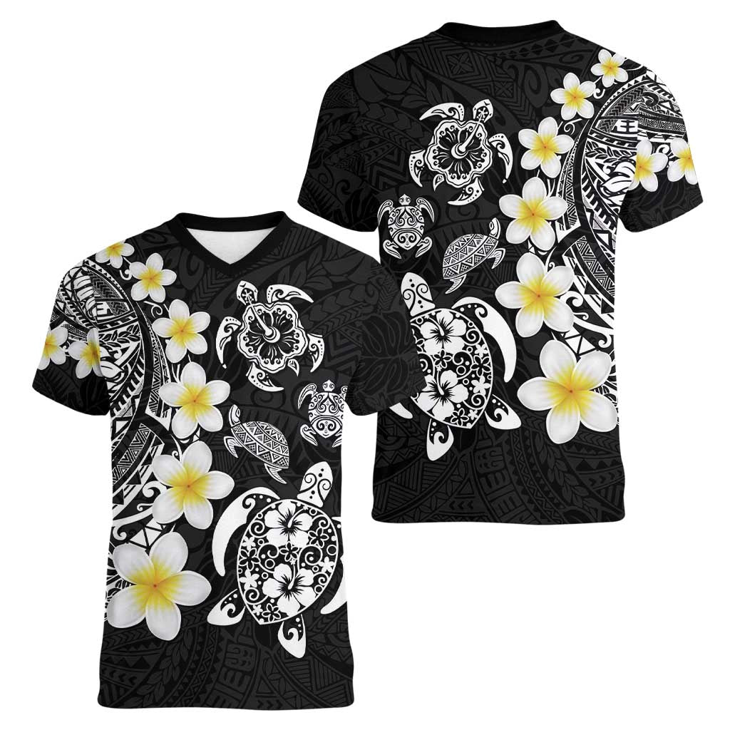 Hawaiian Plumeria Turtles Women V-Neck T-Shirt Polynesian Art Tattoo