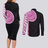 Samoan Art Tattoo Polynesian Pattern Couples Matching Long Sleeve Bodycon Dress and Long Sleeve Button Shirt Pink Out Color