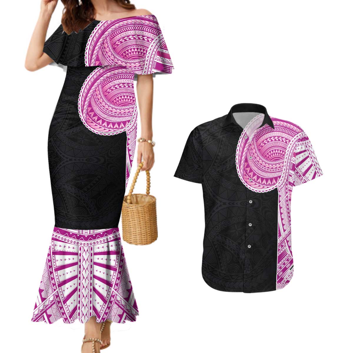 Samoan Art Tattoo Polynesian Pattern Couples Matching Mermaid Dress and Hawaiian Shirt Pink Out Color