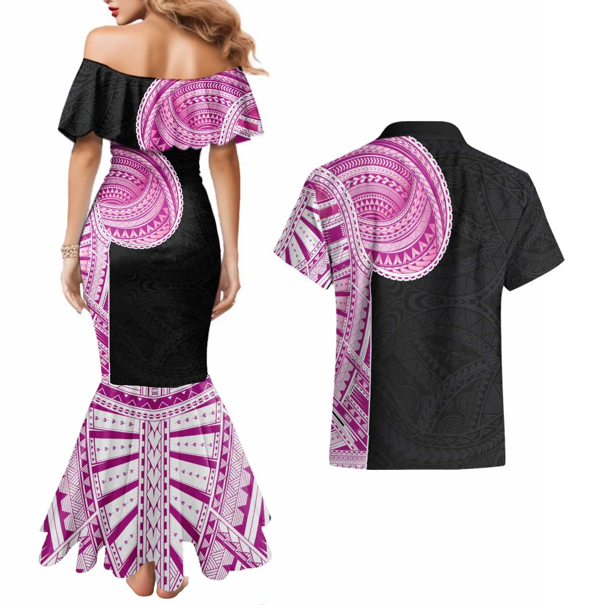 Samoan Art Tattoo Polynesian Pattern Couples Matching Mermaid Dress and Hawaiian Shirt Pink Out Color