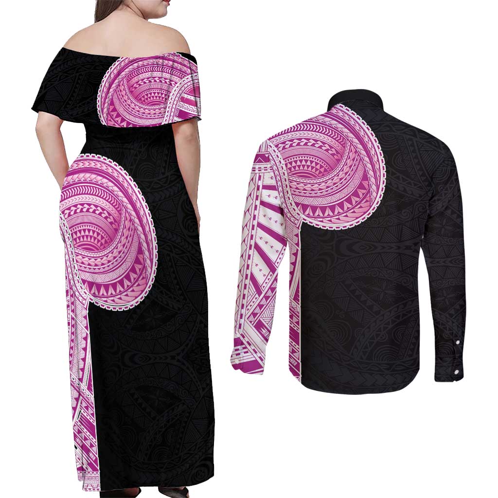 Samoan Art Tattoo Polynesian Pattern Couples Matching Off Shoulder Maxi Dress and Long Sleeve Button Shirt Pink Out Color