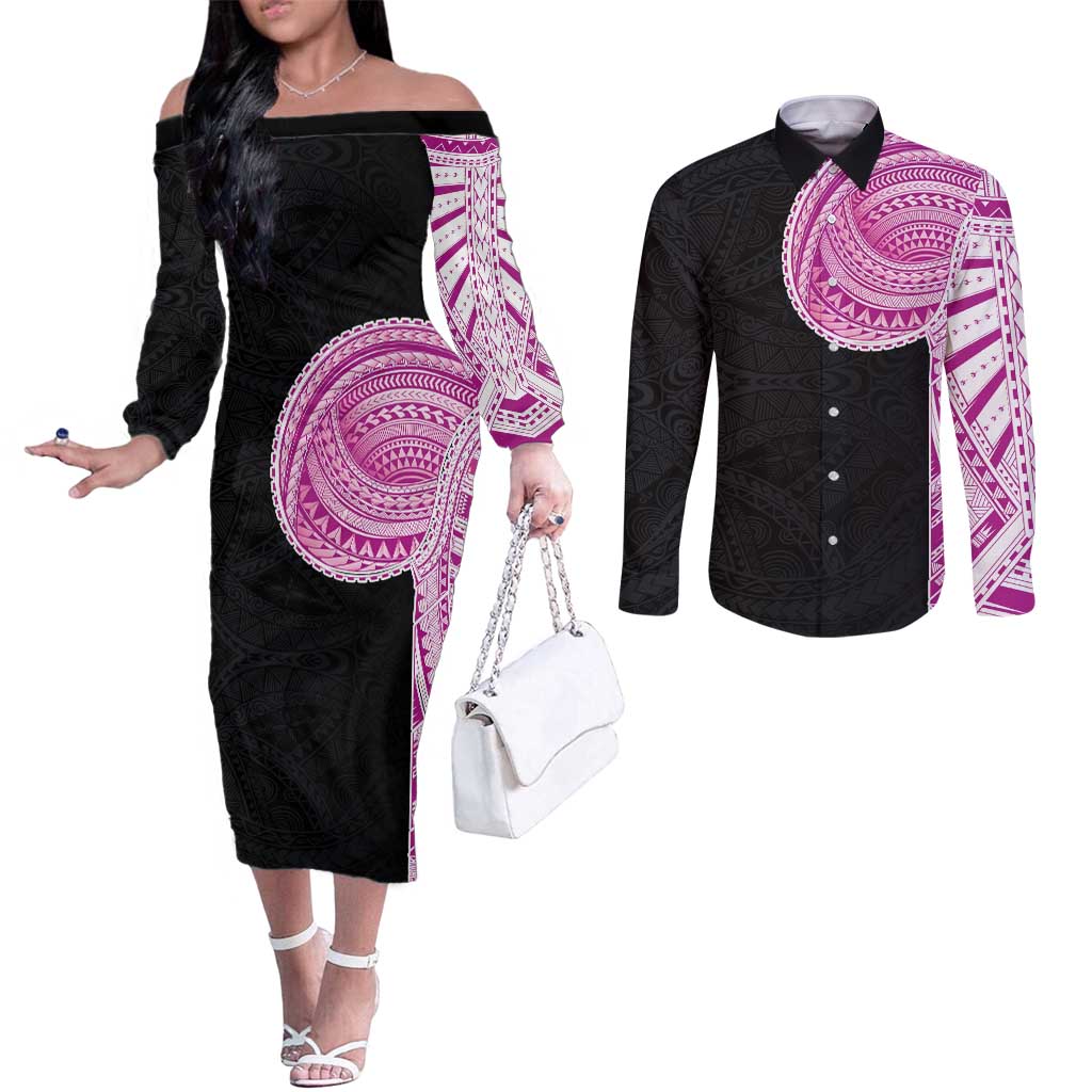 Samoan Art Tattoo Polynesian Pattern Couples Matching Off The Shoulder Long Sleeve Dress and Long Sleeve Button Shirt Pink Out Color
