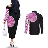 Samoan Art Tattoo Polynesian Pattern Couples Matching Off The Shoulder Long Sleeve Dress and Long Sleeve Button Shirt Pink Out Color
