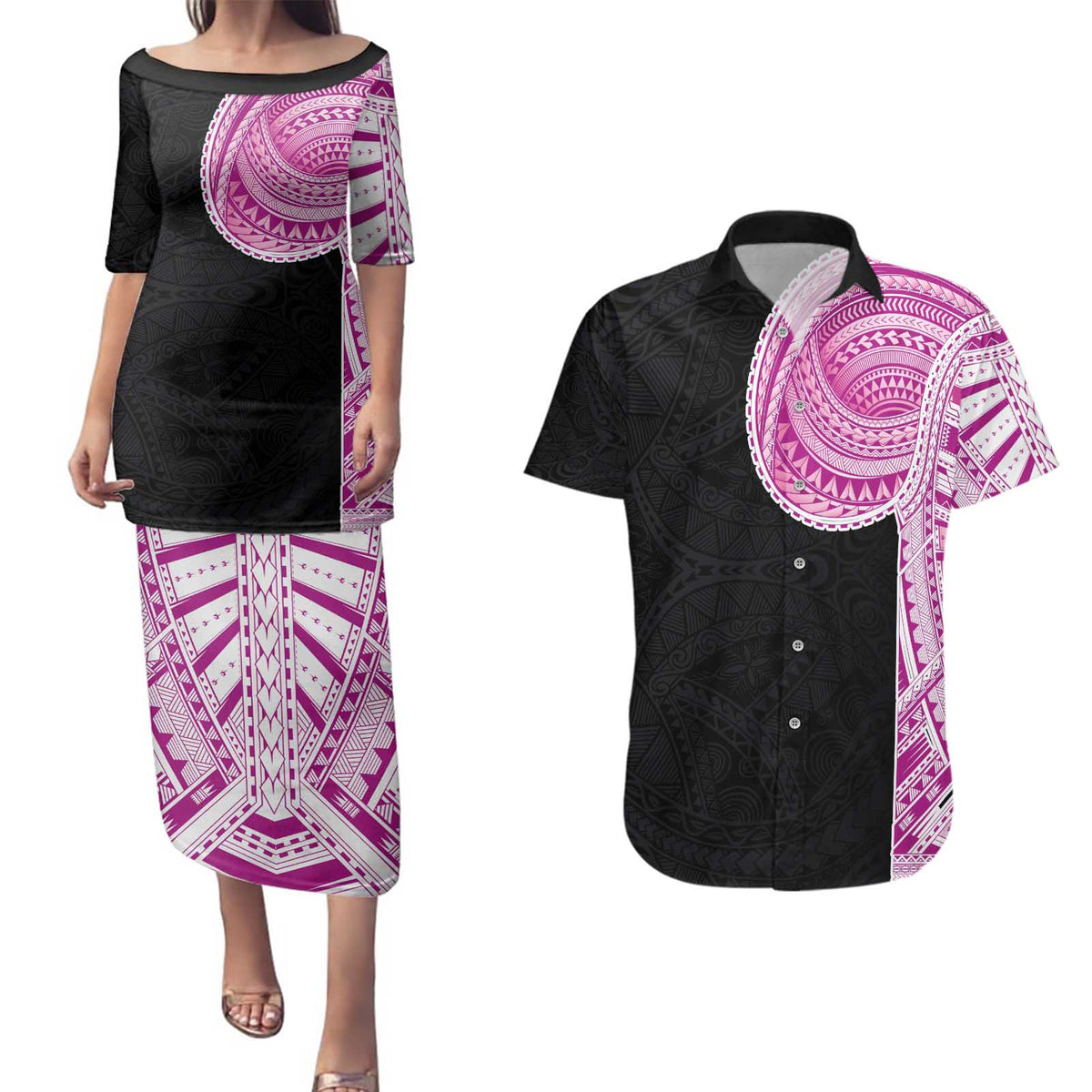 Samoan Art Tattoo Polynesian Pattern Couples Matching Puletasi and Hawaiian Shirt Pink Out Color