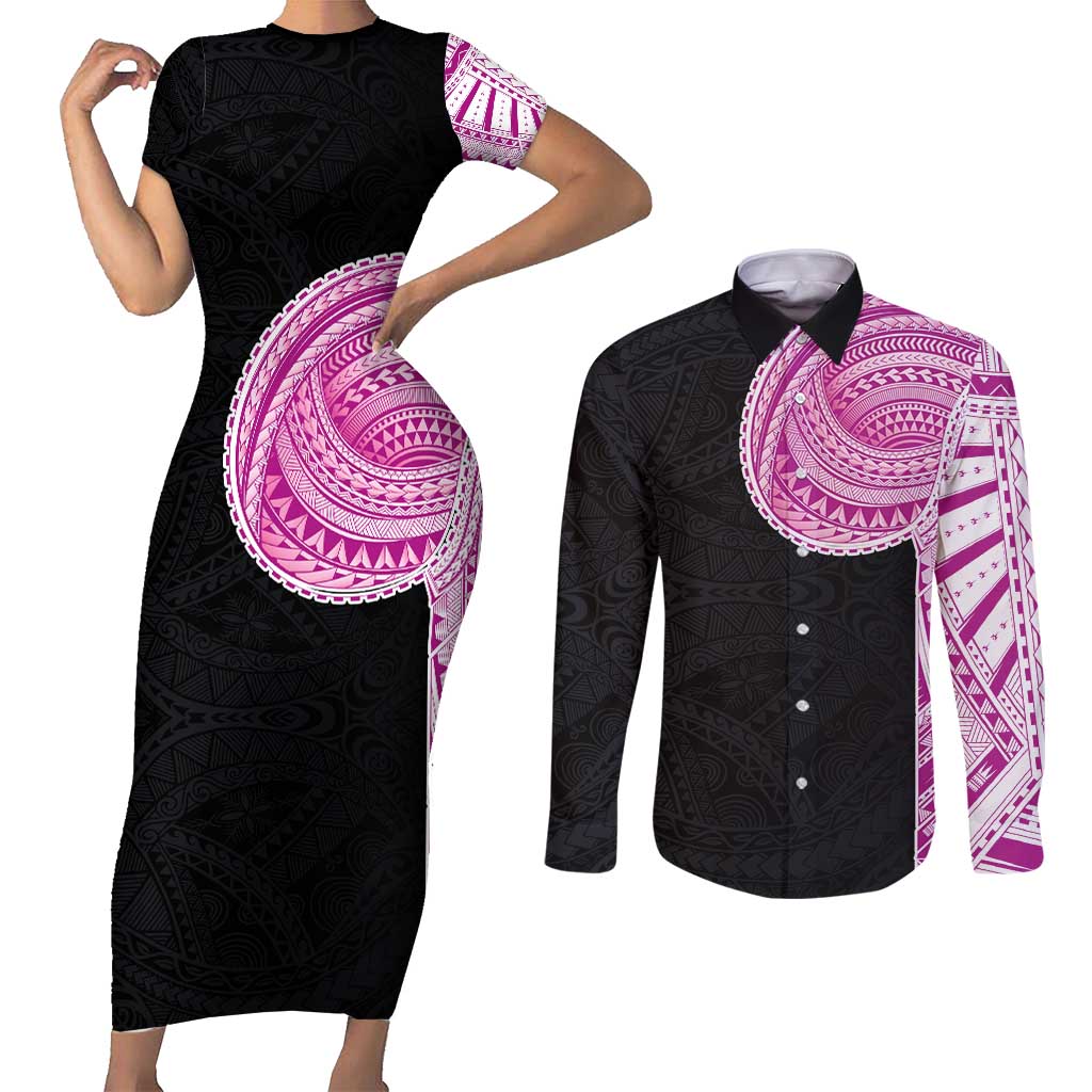 Samoan Art Tattoo Polynesian Pattern Couples Matching Short Sleeve Bodycon Dress and Long Sleeve Button Shirt Pink Out Color