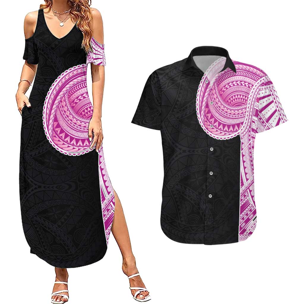 Samoan Art Tattoo Polynesian Pattern Couples Matching Summer Maxi Dress and Hawaiian Shirt Pink Out Color