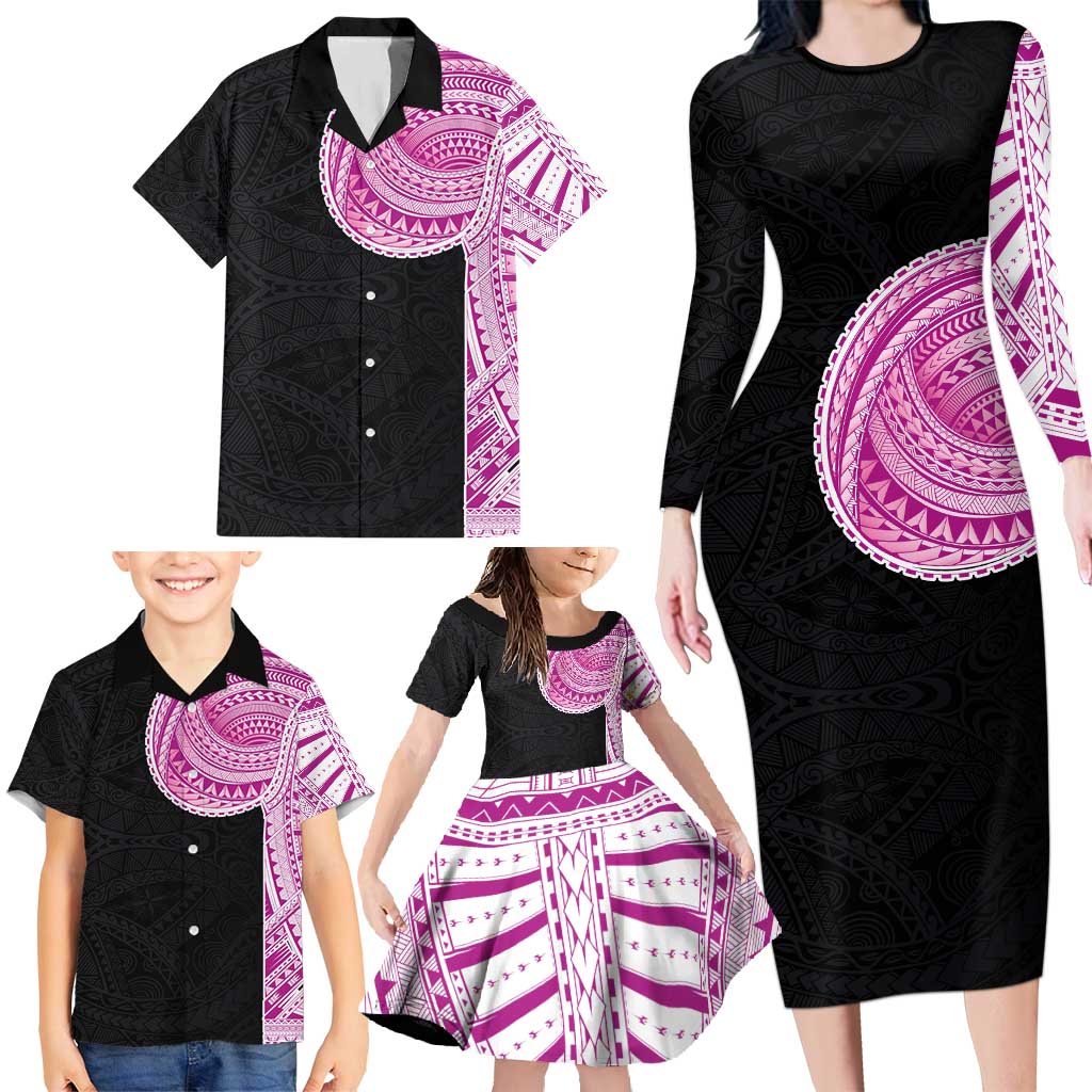Samoan Art Tattoo Polynesian Pattern Family Matching Long Sleeve Bodycon Dress and Hawaiian Shirt Pink Out Color LT03 - Polynesian Pride