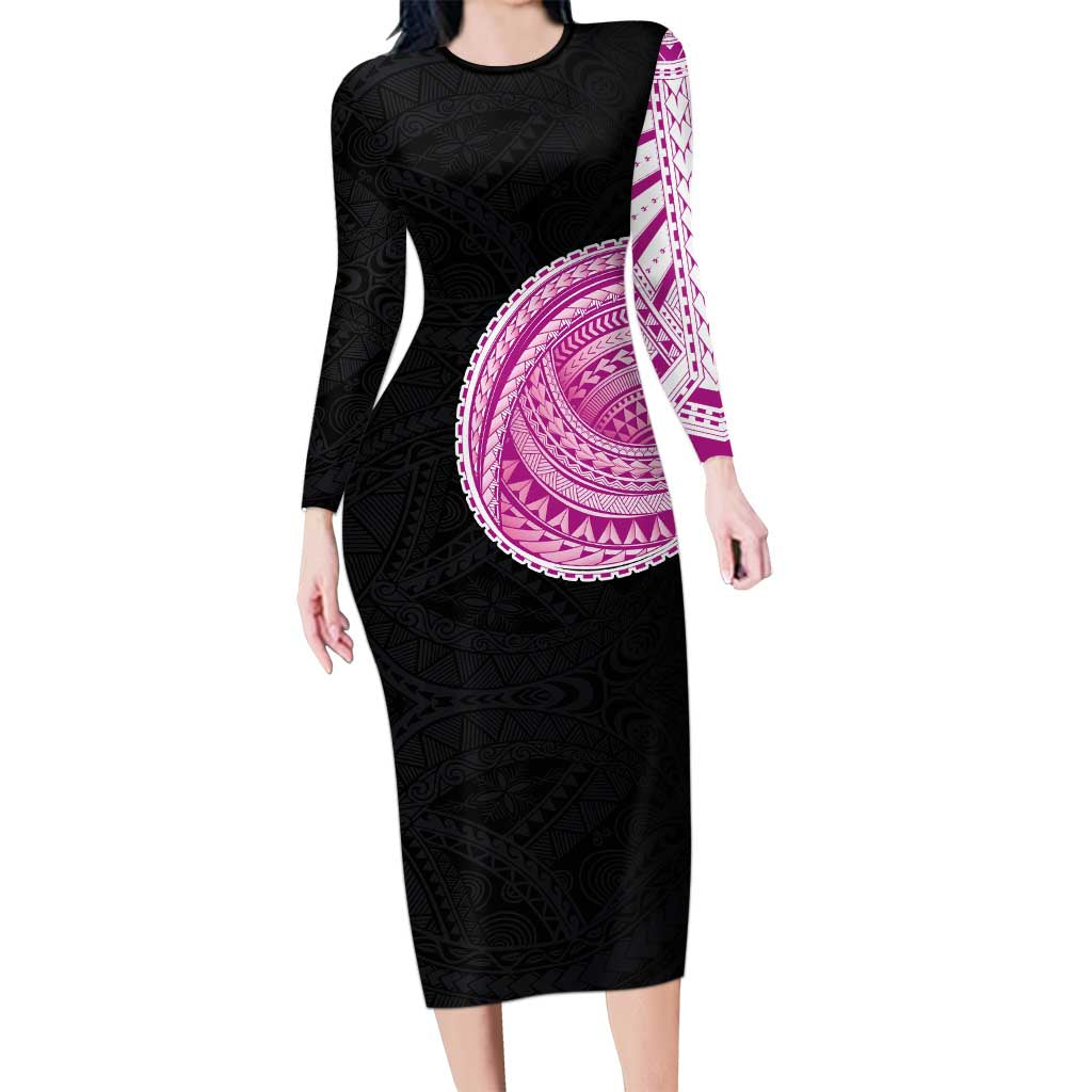 Samoan Art Tattoo Polynesian Pattern Family Matching Long Sleeve Bodycon Dress and Hawaiian Shirt Pink Out Color LT03 Mom's Dress Black - Polynesian Pride