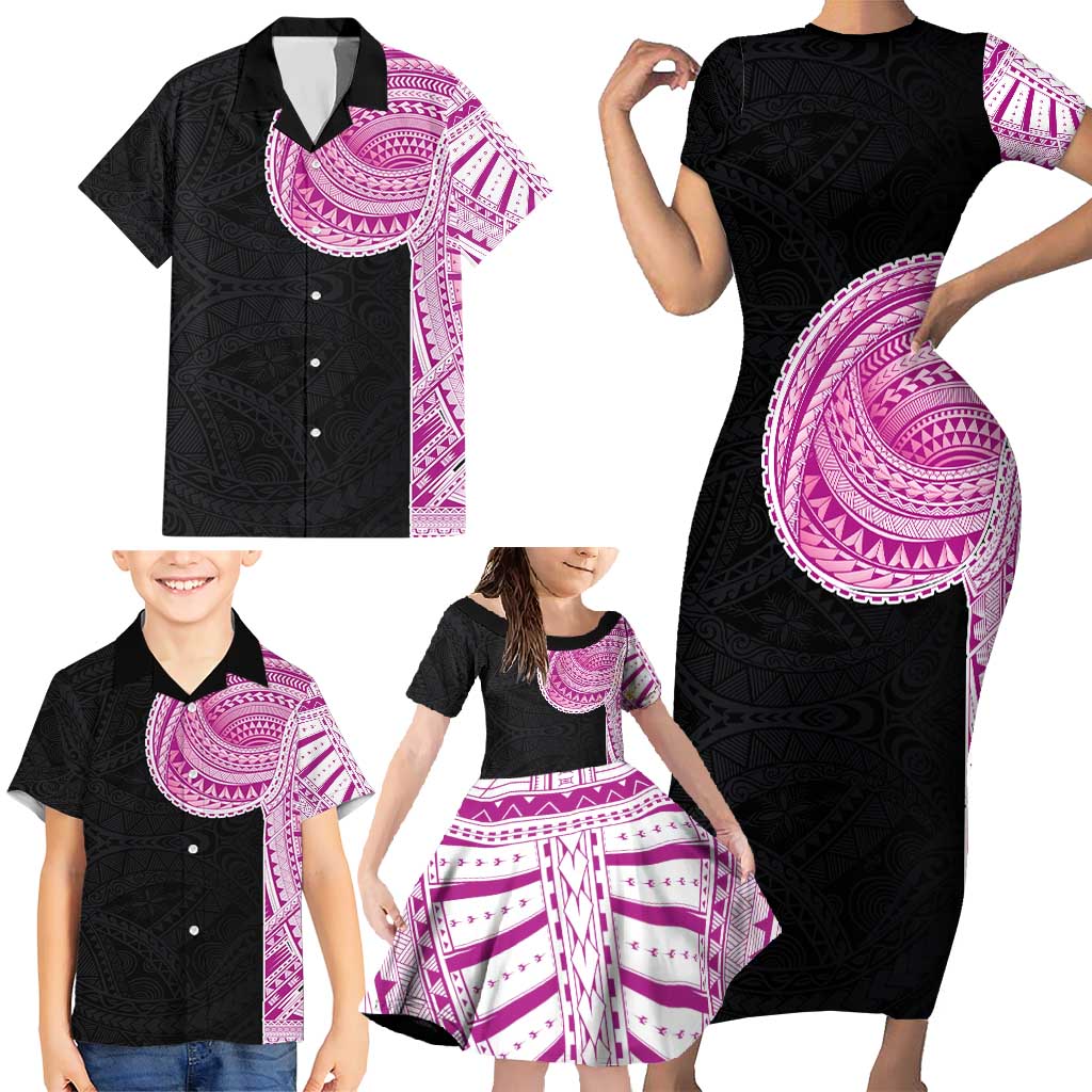 Samoan Art Tattoo Polynesian Pattern Family Matching Short Sleeve Bodycon Dress and Hawaiian Shirt Pink Out Color LT03 - Polynesian Pride