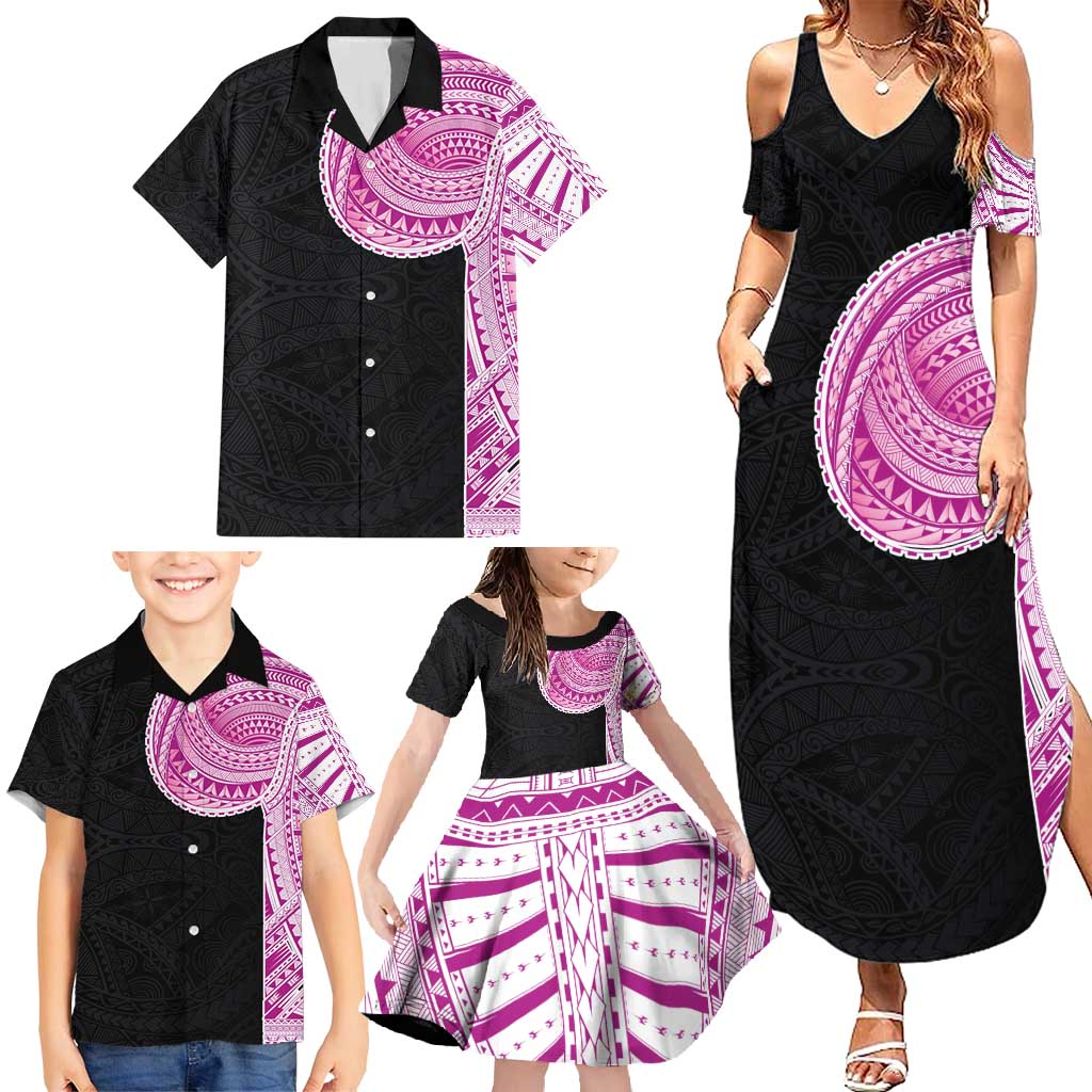 Samoan Art Tattoo Polynesian Pattern Family Matching Summer Maxi Dress and Hawaiian Shirt Pink Out Color