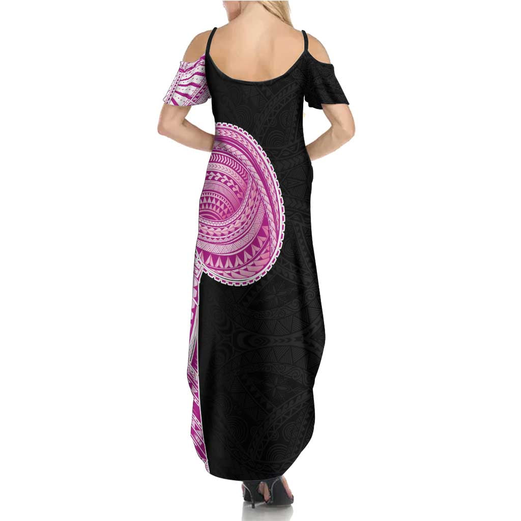 Samoan Art Tattoo Polynesian Pattern Family Matching Summer Maxi Dress and Hawaiian Shirt Pink Out Color