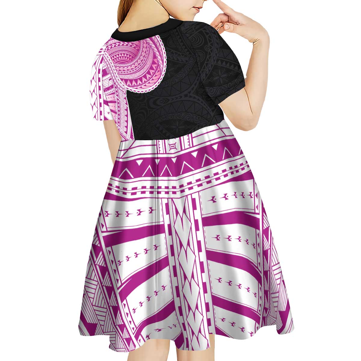Samoan Art Tattoo Polynesian Pattern Kid Short Sleeve Dress Pink Out Color