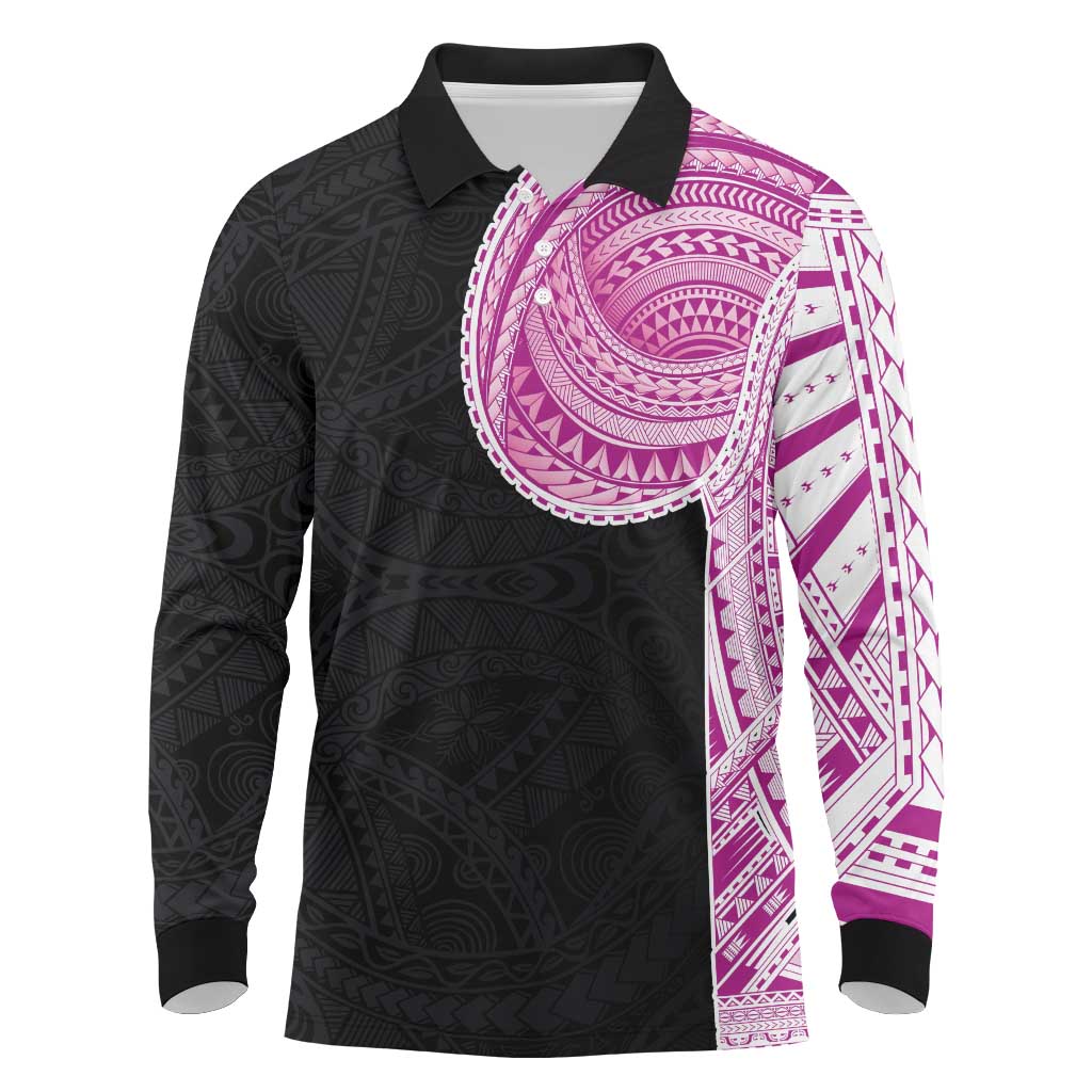 Samoan Art Tattoo Polynesian Pattern Long Sleeve Polo Shirt Pink Out Color