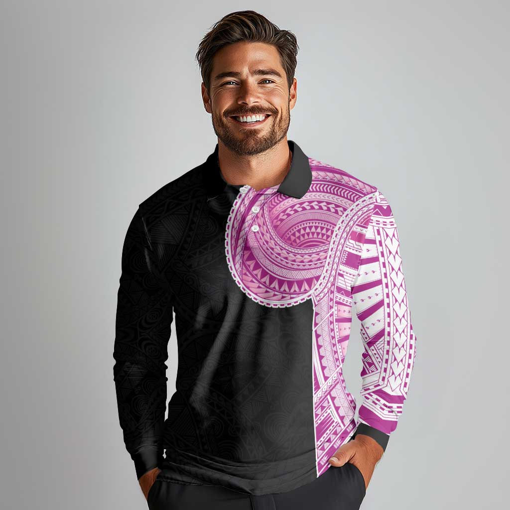 Samoan Art Tattoo Polynesian Pattern Long Sleeve Polo Shirt Pink Out Color