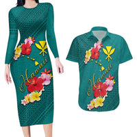 Aloha Kanaka Maoli Hawaii Flowers Couples Matching Long Sleeve Bodycon Dress and Hawaiian Shirt With Polynesian Pattern Teal Color LT03 Teal - Polynesian Pride