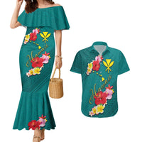Aloha Kanaka Maoli Hawaii Flowers Couples Matching Mermaid Dress and Hawaiian Shirt With Polynesian Pattern Teal Color LT03 Teal - Polynesian Pride