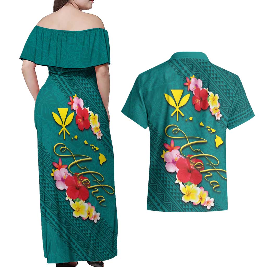 Aloha Kanaka Maoli Hawaii Flowers Couples Matching Off Shoulder Maxi Dress and Hawaiian Shirt With Polynesian Pattern Teal Color