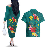 Aloha Kanaka Maoli Hawaii Flowers Couples Matching Off The Shoulder Long Sleeve Dress and Hawaiian Shirt With Polynesian Pattern Teal Color LT03 - Polynesian Pride