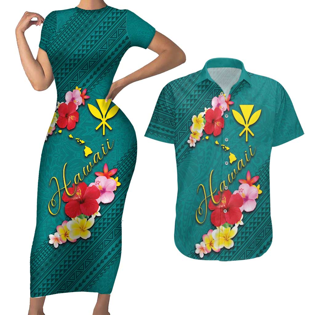 Aloha Kanaka Maoli Hawaii Flowers Couples Matching Short Sleeve Bodycon Dress and Hawaiian Shirt With Polynesian Pattern Teal Color LT03 Teal - Polynesian Pride