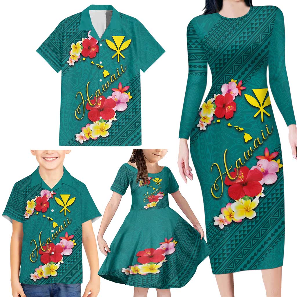 Aloha Kanaka Maoli Hawaii Flowers Family Matching Long Sleeve Bodycon Dress and Hawaiian Shirt With Polynesian Pattern Teal Color LT03 - Polynesian Pride