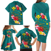 Aloha Kanaka Maoli Hawaii Flowers Family Matching Long Sleeve Bodycon Dress and Hawaiian Shirt With Polynesian Pattern Teal Color LT03 - Polynesian Pride