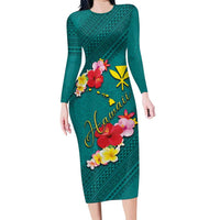 Aloha Kanaka Maoli Hawaii Flowers Family Matching Long Sleeve Bodycon Dress and Hawaiian Shirt With Polynesian Pattern Teal Color LT03 Mom's Dress Teal - Polynesian Pride