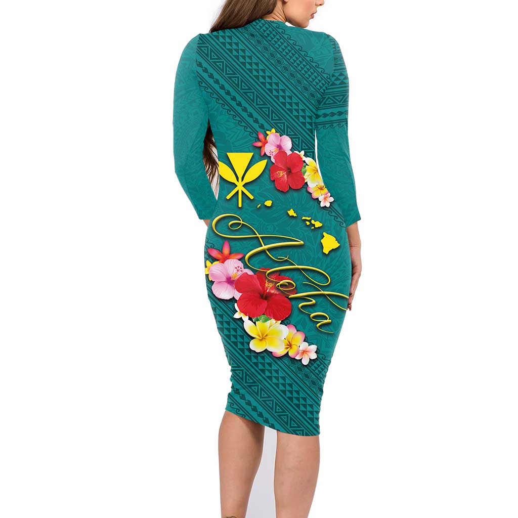 Aloha Kanaka Maoli Hawaii Flowers Family Matching Long Sleeve Bodycon Dress and Hawaiian Shirt With Polynesian Pattern Teal Color LT03 - Polynesian Pride
