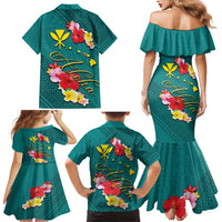 Aloha Kanaka Maoli Hawaii Flowers Family Matching Mermaid Dress and Hawaiian Shirt With Polynesian Pattern Teal Color LT03 - Polynesian Pride