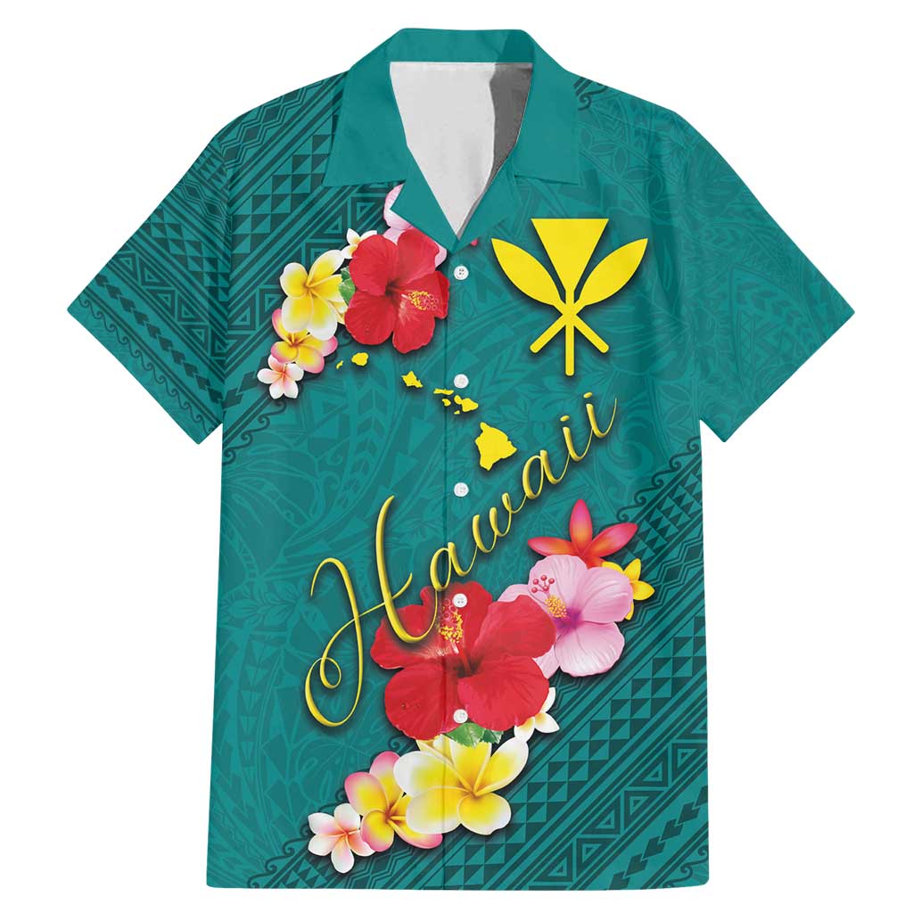 Aloha Kanaka Maoli Hawaii Flowers Family Matching Mermaid Dress and Hawaiian Shirt With Polynesian Pattern Teal Color LT03 Dad's Shirt - Short Sleeve Teal - Polynesian Pride