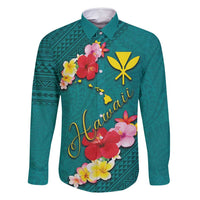 Aloha Kanaka Maoli Hawaii Flowers Family Matching Mermaid Dress and Hawaiian Shirt With Polynesian Pattern Teal Color LT03 Dad's Shirt - Long Sleeve Teal - Polynesian Pride