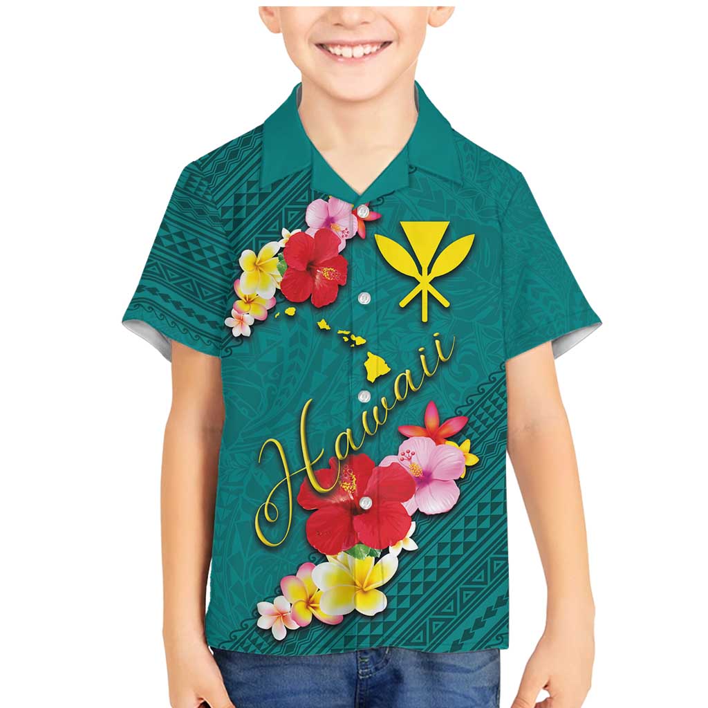 Aloha Kanaka Maoli Hawaii Flowers Family Matching Mermaid Dress and Hawaiian Shirt With Polynesian Pattern Teal Color LT03 Son's Shirt Teal - Polynesian Pride