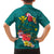 Aloha Kanaka Maoli Hawaii Flowers Family Matching Off The Shoulder Long Sleeve Dress and Hawaiian Shirt With Polynesian Pattern Teal Color