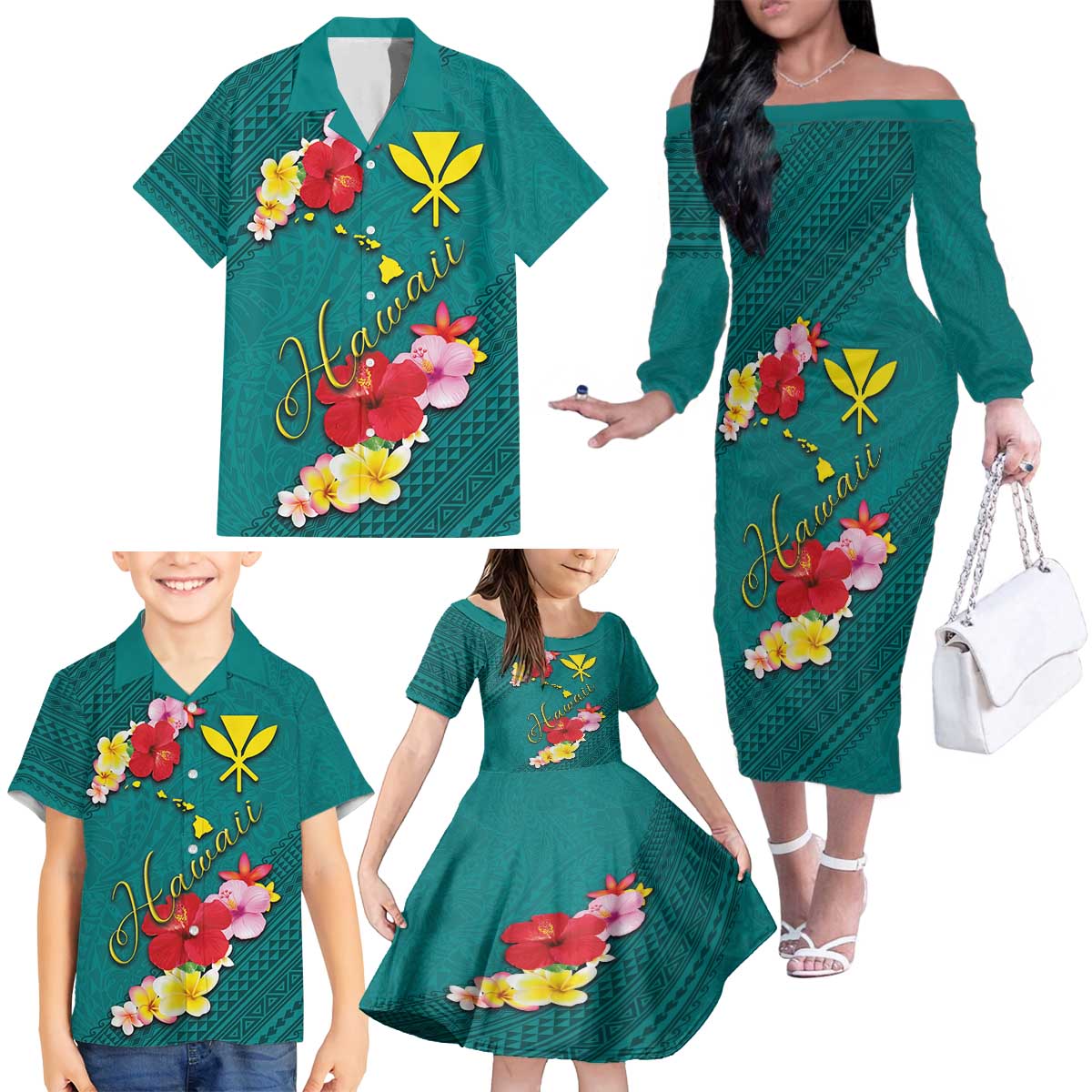Aloha Kanaka Maoli Hawaii Flowers Family Matching Off The Shoulder Long Sleeve Dress and Hawaiian Shirt With Polynesian Pattern Teal Color LT03 - Polynesian Pride