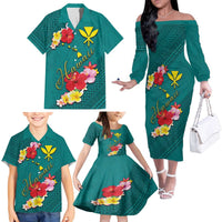Aloha Kanaka Maoli Hawaii Flowers Family Matching Off The Shoulder Long Sleeve Dress and Hawaiian Shirt With Polynesian Pattern Teal Color LT03 - Polynesian Pride