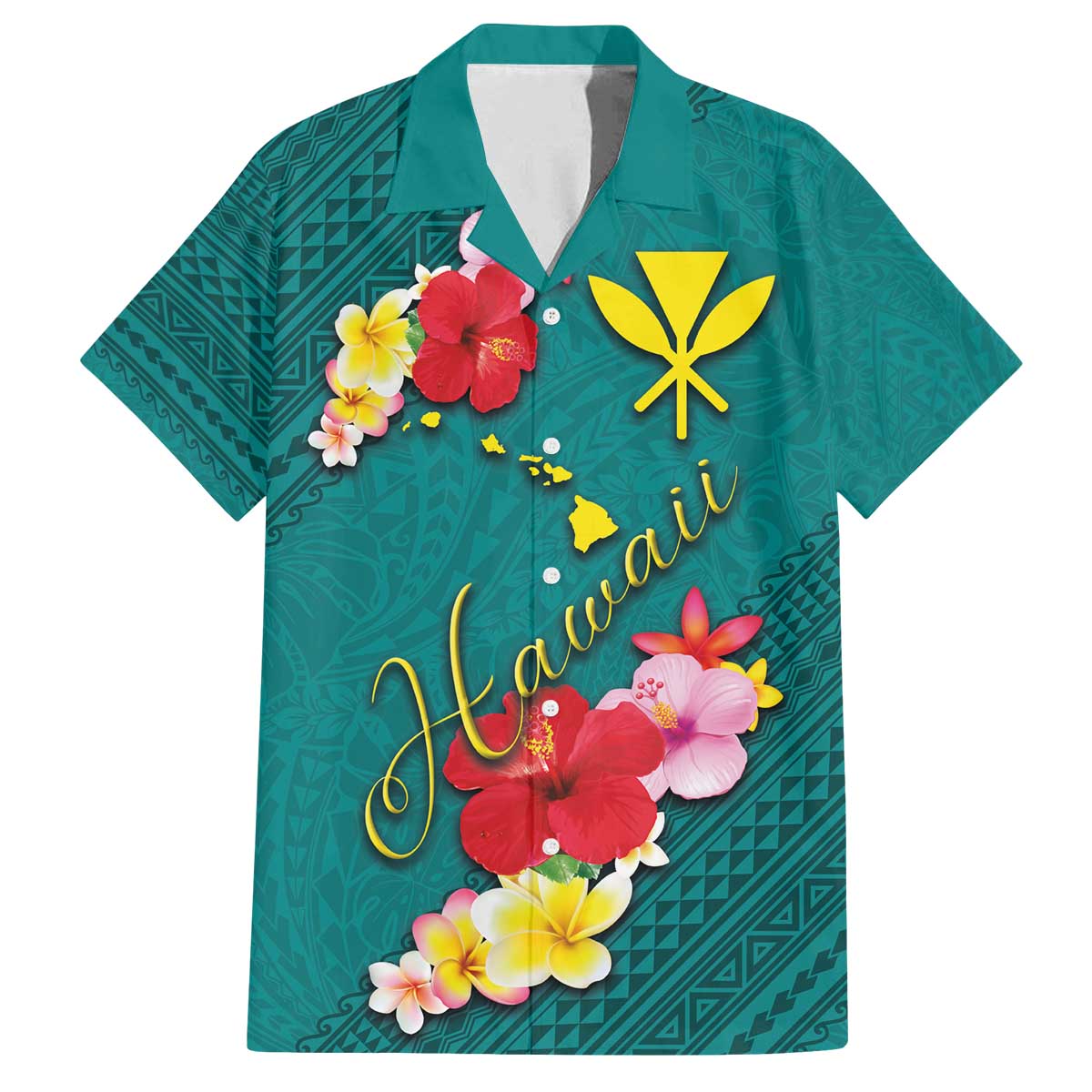 Aloha Kanaka Maoli Hawaii Flowers Family Matching Off The Shoulder Long Sleeve Dress and Hawaiian Shirt With Polynesian Pattern Teal Color LT03 Dad's Shirt - Short Sleeve Teal - Polynesian Pride