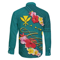 Aloha Kanaka Maoli Hawaii Flowers Family Matching Off The Shoulder Long Sleeve Dress and Hawaiian Shirt With Polynesian Pattern Teal Color LT03 - Polynesian Pride