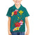 Aloha Kanaka Maoli Hawaii Flowers Family Matching Off The Shoulder Long Sleeve Dress and Hawaiian Shirt With Polynesian Pattern Teal Color