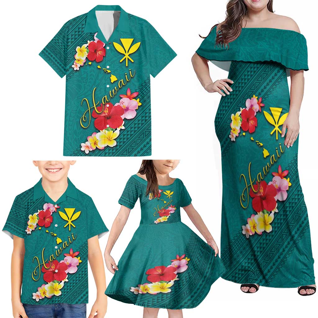 Aloha Kanaka Maoli Hawaii Flowers Family Matching Off Shoulder Maxi Dress and Hawaiian Shirt With Polynesian Pattern Teal Color LT03 - Polynesian Pride