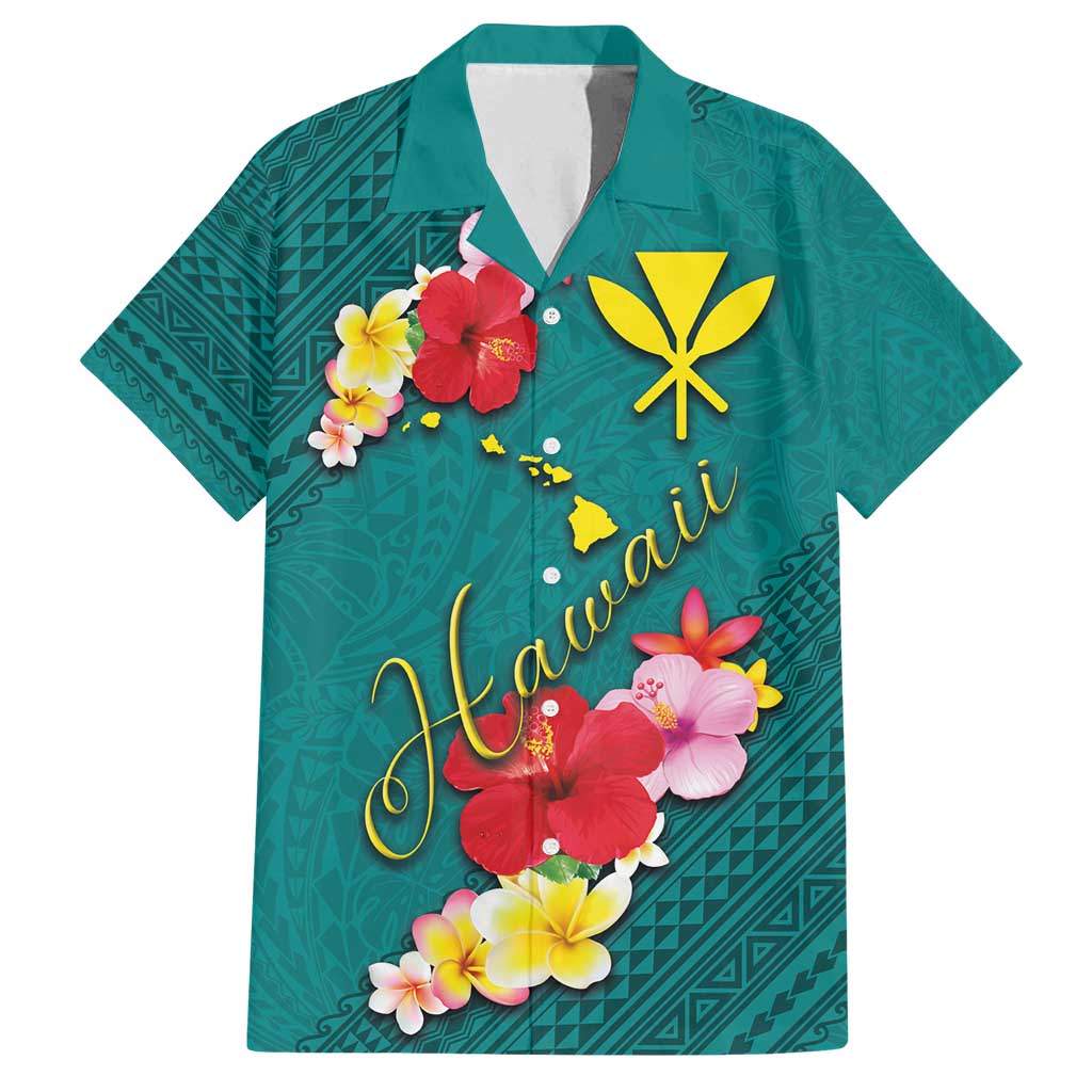 Aloha Kanaka Maoli Hawaii Flowers Family Matching Off Shoulder Maxi Dress and Hawaiian Shirt With Polynesian Pattern Teal Color LT03 Dad's Shirt - Short Sleeve Teal - Polynesian Pride