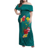 Aloha Kanaka Maoli Hawaii Flowers Family Matching Off Shoulder Maxi Dress and Hawaiian Shirt With Polynesian Pattern Teal Color LT03 Mom's Dress Teal - Polynesian Pride