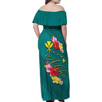 Aloha Kanaka Maoli Hawaii Flowers Family Matching Off Shoulder Maxi Dress and Hawaiian Shirt With Polynesian Pattern Teal Color LT03 - Polynesian Pride