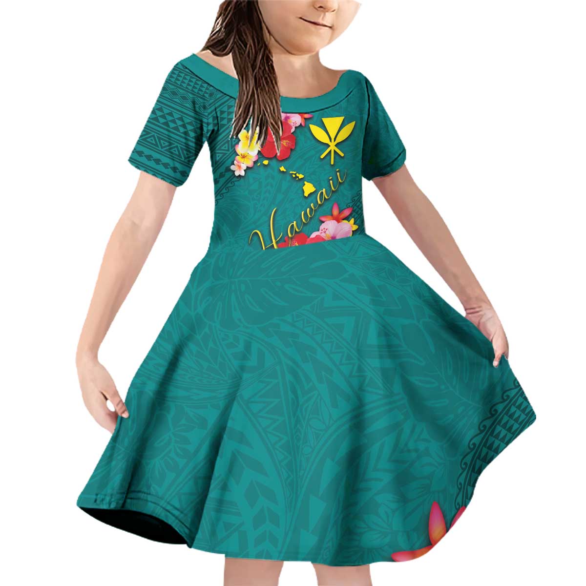 Aloha Kanaka Maoli Hawaii Flowers Family Matching Off Shoulder Short Dress and Hawaiian Shirt With Polynesian Pattern Teal Color LT03 Daughter's Dress Teal - Polynesian Pride