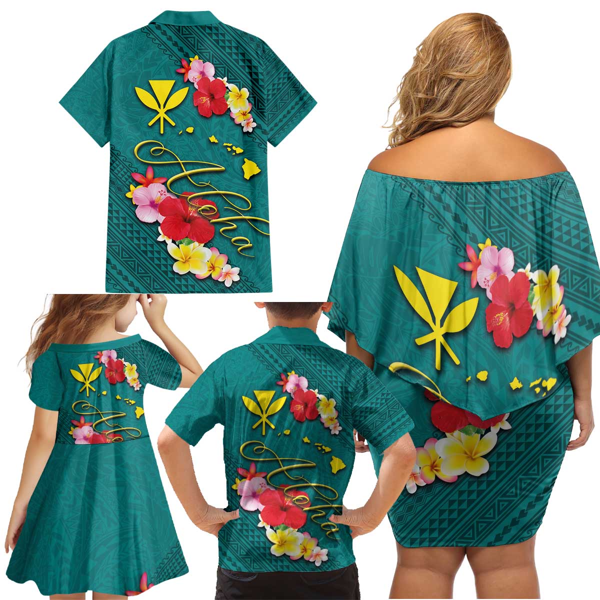 Aloha Kanaka Maoli Hawaii Flowers Family Matching Off Shoulder Short Dress and Hawaiian Shirt With Polynesian Pattern Teal Color LT03 - Polynesian Pride