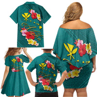 Aloha Kanaka Maoli Hawaii Flowers Family Matching Off Shoulder Short Dress and Hawaiian Shirt With Polynesian Pattern Teal Color LT03 - Polynesian Pride