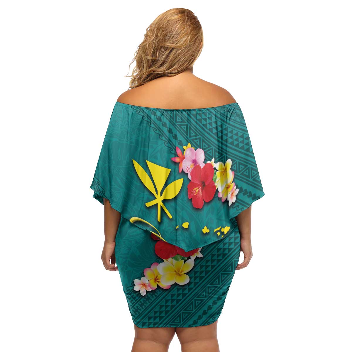 Aloha Kanaka Maoli Hawaii Flowers Family Matching Off Shoulder Short Dress and Hawaiian Shirt With Polynesian Pattern Teal Color LT03 - Polynesian Pride