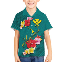 Aloha Kanaka Maoli Hawaii Flowers Family Matching Off Shoulder Short Dress and Hawaiian Shirt With Polynesian Pattern Teal Color LT03 Son's Shirt Teal - Polynesian Pride