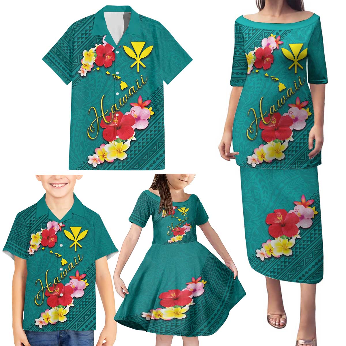 Aloha Kanaka Maoli Hawaii Flowers Family Matching Puletasi and Hawaiian Shirt With Polynesian Pattern Teal Color LT03 - Polynesian Pride
