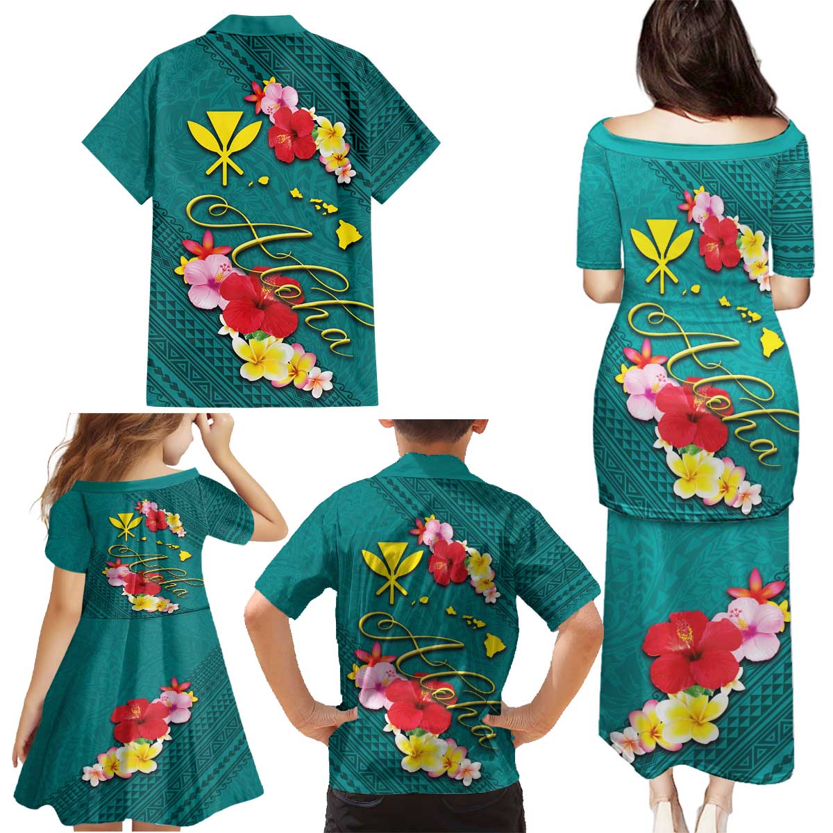 Aloha Kanaka Maoli Hawaii Flowers Family Matching Puletasi and Hawaiian Shirt With Polynesian Pattern Teal Color LT03 - Polynesian Pride
