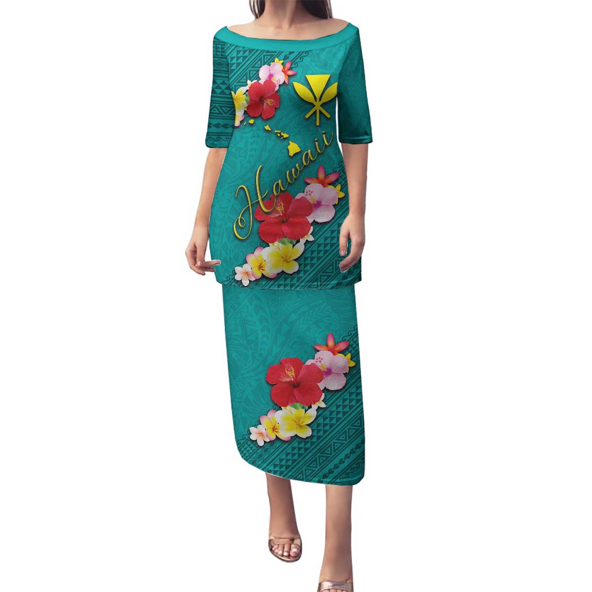 Aloha Kanaka Maoli Hawaii Flowers Family Matching Puletasi and Hawaiian Shirt With Polynesian Pattern Teal Color LT03 Mom's Dress Teal - Polynesian Pride